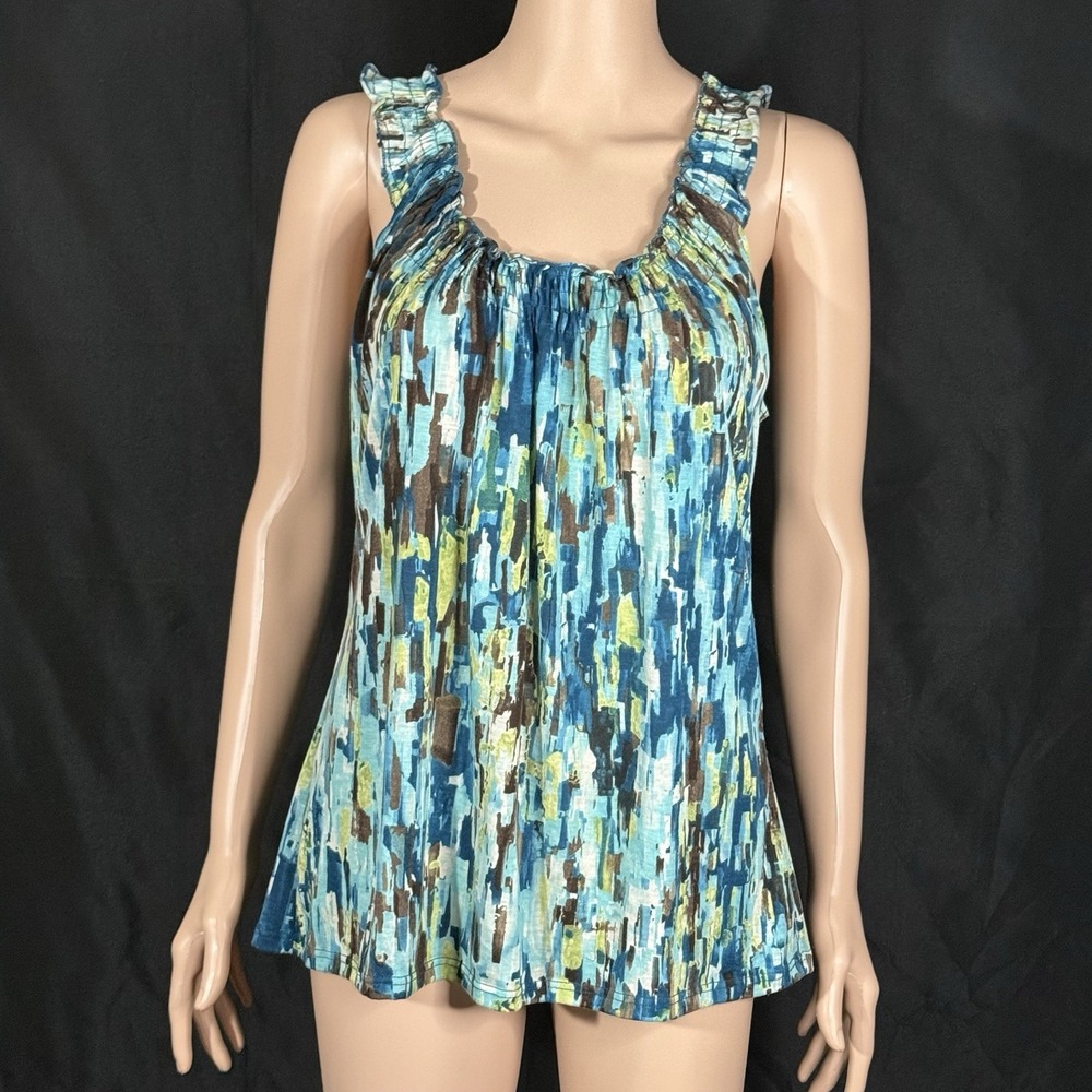 Carol Rose Sleeveless Ruffle Neck Tank Top Abstract Watercolor Blue Green Large